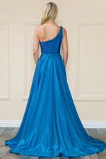 Kemly features a one-shoulder design with thick waistband and high slit. This fun iridescent fabric would make for the perfect prom dress.   PY 8920