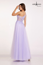 This dress features a one-shoulder neckline, a sheer bodice with corset boning and lace applique, an A-line silhouette with tulle fabric and a slit. This dress is ethereal and romantic and could be just the vibe for your next prom or formal event.   LU 90234