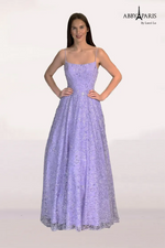 This dress features a straight across neckline with spaghetti straps, a bodice with corset boning, and an A-line silhouette. The fabric has lace and sequin detailing adding that elegance and a touch of glam. Stun at your next prom or formal event in this fairytale design.   LU 90240