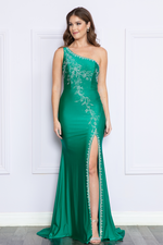 This dress features a one-shoulder neckline, a fitted silhouette, and jersey fabric with floral rhinestone detailing throughout the torso and surrounding the perimeter of the slit hemline and neckline. This dress is unique and feminine and could be your next dream dress for prom or any formal event.   PY 9136