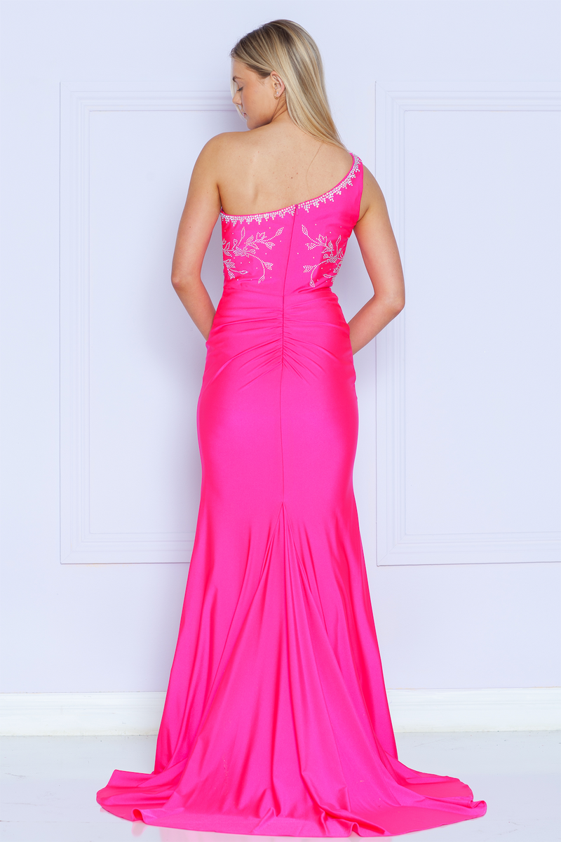 This dress features a one-shoulder neckline, a fitted silhouette, and jersey fabric with floral rhinestone detailing throughout the torso and surrounding the perimeter of the slit hemline and neckline. This dress is unique and feminine and could be your next dream dress for prom or any formal event.   PY 9136