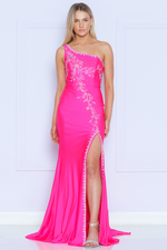 This dress features a one-shoulder neckline, a fitted silhouette, and jersey fabric with floral rhinestone detailing throughout the torso and surrounding the perimeter of the slit hemline and neckline. This dress is unique and feminine and could be your next dream dress for prom or any formal event.   PY 9136