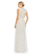 This dress features beaded mesh fabric, a high neckline, sleeveless with an embellished sleeve and neck detail. This dress is unique and has boho vibes and could be styled to make it your own at your next prom or formal event.

Mac Duggal 9137