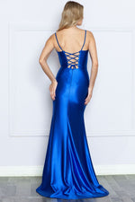 This beautiful gown features shiny jersey fabric, a classic square neckline, ruching along the waist, and a lace-up back. Pair this dress with statement earrings for the perfect prom look.&nbsp;

PY 9250