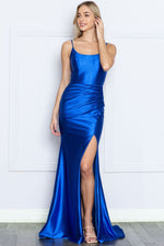 This beautiful gown features shiny jersey fabric, a classic square neckline, ruching along the waist, and a lace-up back. Pair this dress with statement earrings for the perfect prom look.&nbsp;

PY 9250