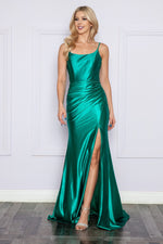 This beautiful gown features shiny jersey fabric, a classic square neckline, ruching along the waist, and a lace-up back. Pair this dress with statement earrings for the perfect prom look.&nbsp;

PY 9250