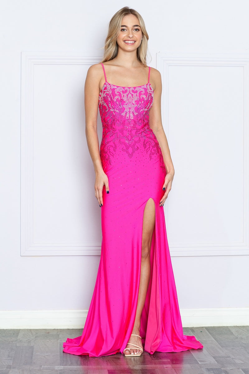 This dress features a fitted silhouette with stone embellishments on the torso, spaghetti straps, a side slit and a lace-up back. This dress is glamorous and playful and perfect for your next prom or formal event!  PY 9264