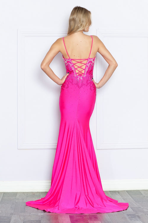 This dress features a fitted silhouette with stone embellishments on the torso, spaghetti straps, a side slit and a lace-up back. This dress is glamorous and playful and perfect for your next prom or formal event!  PY 9264