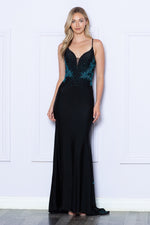 This full-length dress features delicate spaghetti straps and an alluring open back. The dress is adorned with intricate floral and butterfly rain rhinestone details on the back, creating an enchanting design. Choose this dress for your next prom or formal event!  PY 9274