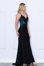 This full-length dress features delicate spaghetti straps and an alluring open back. The dress is adorned with intricate floral and butterfly rain rhinestone details on the back, creating an enchanting design. Choose this dress for your next prom or formal event!  PY 9274