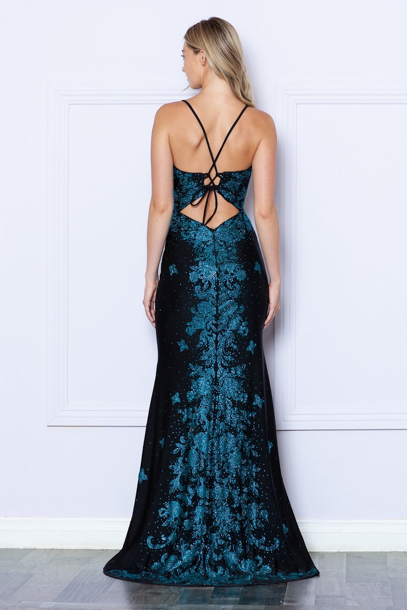 This full-length dress features delicate spaghetti straps and an alluring open back. The dress is adorned with intricate floral and butterfly rain rhinestone details on the back, creating an enchanting design. Choose this dress for your next prom or formal event!  PY 9274