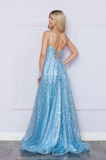 This dress features a straight across neckline with spaghetti straps and a lace-up back. This gown has an A-line silhouette with pockets and unique sequin fabric and a slit. A stunning choice for your next prom or formal event.  PY 9290