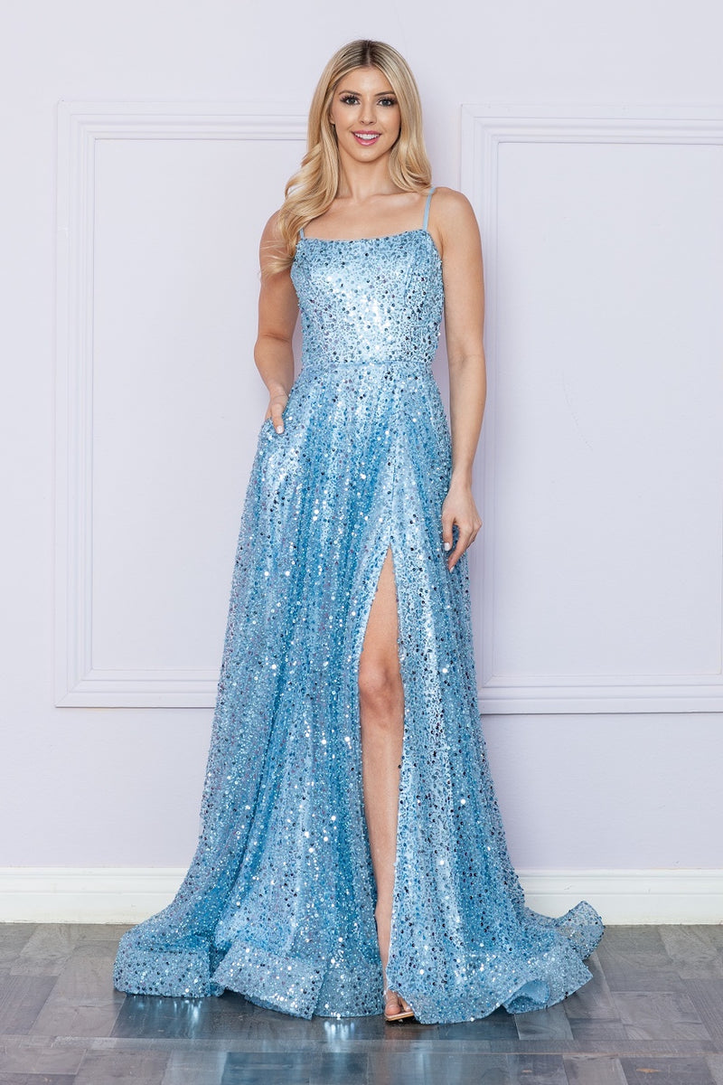 This dress features a straight across neckline with spaghetti straps and a lace-up back. This gown has an A-line silhouette with pockets and unique sequin fabric and a slit. A stunning choice for your next prom or formal event.  PY 9290