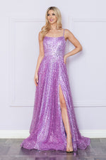 This dress features a straight across neckline with spaghetti straps and a lace-up back. This gown has an A-line silhouette with pockets and unique sequin fabric and a slit. A stunning choice for your next prom or formal event.  PY 9290