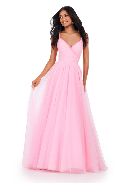 <p><span>This simplistic ball gown features dainty beaded spaghetti straps with a ruched bodice. The same beading accents the bustier. The look is complete with a full tulle skirt. Style this gown to make it your own at your next prom or formal event!</span></p> <p>Ashley Lauren 11461</p>