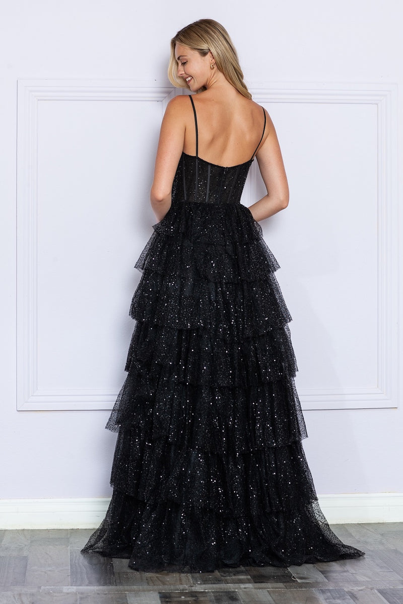 This dress features a ruched bodice with corset detailing, spaghetti straps, an A-line silhouette with a skirt that has ruffled tiered layers in a sequin sparkle tulle fabric. This dress is magical and could be just the vibe for your next prom or formal event.&nbsp;

PY 9328