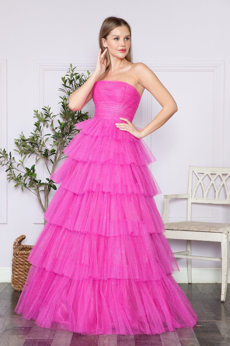 This dress features a ruched bustier, with a multi-tiered, full-length skirt. This enchanting ballgown blends timeless beauty with modern sophistication, perfect for any prom or formal occasion.   PY 9386