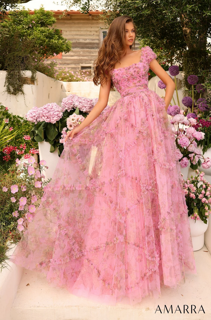 Turn your prom evening into a wondrous fairy tale with our gorgeous long flowery tulle dress with a sabrina neckline, a modest cap sleeve, and a lace-up back. Designed purely out of tulle, the bodice of the dress is filled with flower designs with a fitted waistline and then cascades down to the gathers of the long skirt. If you are looking for extra coverage this dress is a stunning choice.   AUA 94044