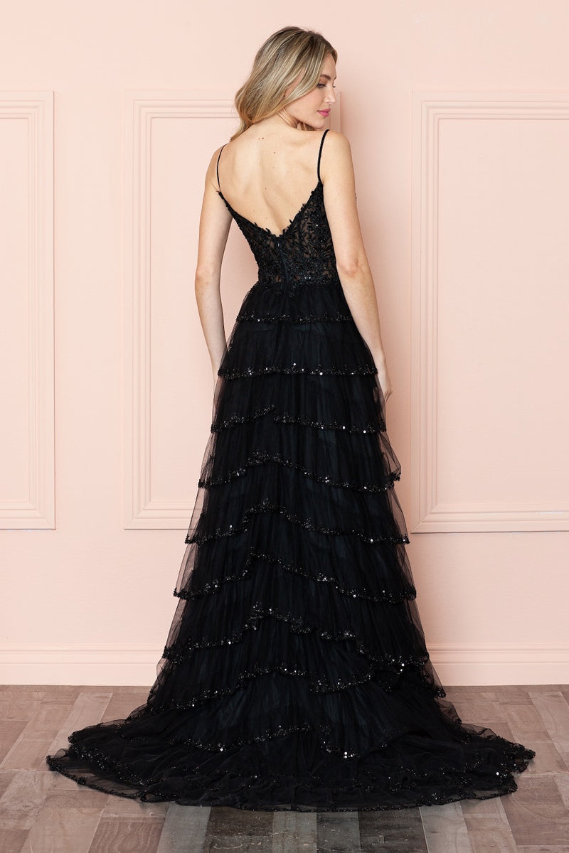 <p>This gown features a v-neckline with a lace bodice and spaghetti straps. The skirt has layered tiered with sequin detailing on each hemline, and a skirt slit. This stunning gown could be perfect for your next prom or formal event.</p> <p>PY 9404</p>