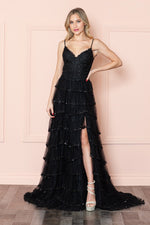<p>This gown features a v-neckline with a lace bodice and spaghetti straps. The skirt has layered tiered with sequin detailing on each hemline, and a skirt slit. This stunning gown could be perfect for your next prom or formal event.</p> <p>PY 9404</p>