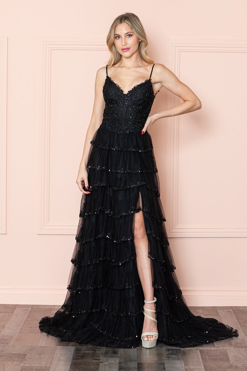 <p>This gown features a v-neckline with a lace bodice and spaghetti straps. The skirt has layered tiered with sequin detailing on each hemline, and a skirt slit. This stunning gown could be perfect for your next prom or formal event.</p> <p>PY 9404</p>