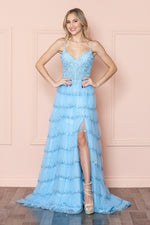 <p>This gown features a v-neckline with a lace bodice and spaghetti straps. The skirt has layered tiered with sequin detailing on each hemline, and a skirt slit. This stunning gown could be perfect for your next prom or formal event.</p> <p>PY 9404</p>