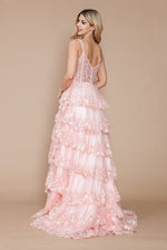 This dress features a lace corset bodice with exposed boning, an A-line silhouette with a ruffle-tiered skirt and slit. This dress is feminine and ethereal and could be just the vibe for your next prom or formal event.  PY 9410