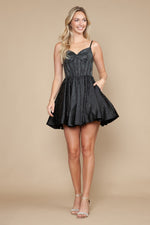 This dress features a sweetheart neckline with spaghetti straps and corset boning in the bodice and rhinestones throughout the fabric. This dress is an ideal choice for your next homecoming or sweethearts dance!

PY 9594