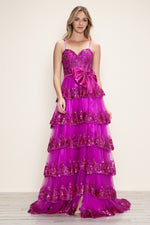This dress features a sweetheart neckline with spaghetti straps and sequin lace and layered tiers. This dress is playful and unique and could be ideal for your next prom or formal event.

PY 9626