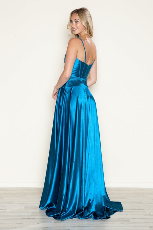This dress features a sweetheart neckline with spaghetti straps and a drop waist bodice with a keyhole. The stretch satin offers an A-line silhouette which may be just the vibe for your next prom or formal event.

PY 9700