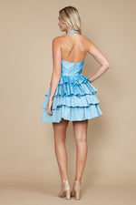 This cocktail dress features a halter neckline with a plunging neckline, an A-line silhouette with tiered layered fabric on the skirt with a dramatic bow on the hip. This dress is playful and fun and could be ideal for your next homecoming or formal event.

PY 9796