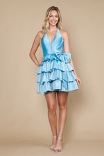 This cocktail dress features a halter neckline with a plunging neckline, an A-line silhouette with tiered layered fabric on the skirt with a dramatic bow on the hip. This dress is playful and fun and could be ideal for your next homecoming or formal event.

PY 9796