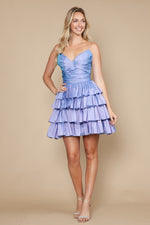 This cocktail dress features a V-neckline with a cinched bodice and layered-tiered skirt. This dress is playful and unique and could be ideal for your next homecoming or formal event.

PY 9800