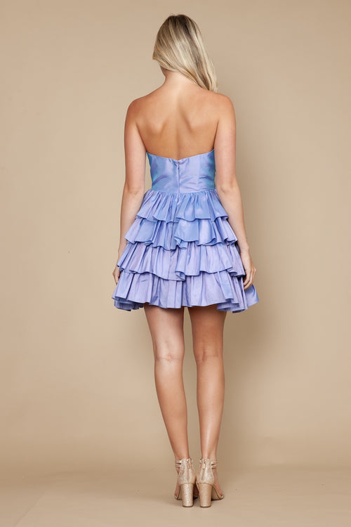 This cocktail dress features a V-neckline with a cinched bodice and layered-tiered skirt. This dress is playful and unique and could be ideal for your next homecoming or formal event.

PY 9800