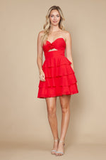 This cocktail dress features a strapless sweetheart neckline with a rosette detail on the bust, and a layered-tiered skirt. This dress is whimsical and romantic and may be just the vibe for your next homecoming or formal event.

PY 9802