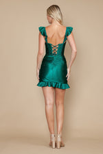 This dress features a sweetheart neckline with straps that have ruffle detailing, a lace-up back, and a fitted silhouette. This bodice has corset boning, and rhinestones are detailed throughout the fabric.&nbsp;

PY 9876