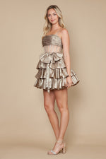 This cocktail dress features a straight across neckline with spaghetti straps, a sheer bodice with corset boning and a skirt with tiered layers. This is a glamorous choice for your next homecoming or formal event.

PY 9902