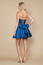 This dress features a strapless neckline with a ruched bodice, a lace-up back with a dramatic bow in the back. The A-line silhouette creates a playful vibe and could be ideal for your next homecoming or formal event.

PY 9908