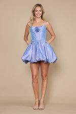 This cocktail dress features a sweetheart neckline with spaghetti straps and a rosette detail on the bust. The bubble skirt hemline is playful and this dress could be ideal for your next homecoming or formal event.

PY 9934