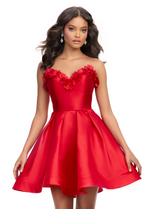 This cocktail dress features a stunning sweetheart neckline with 3D flower detailing and A-Line skirt, with mikado fabric. Style this dress to make it your own at your next homecoming or formal event.  Ashley Lauren 4782