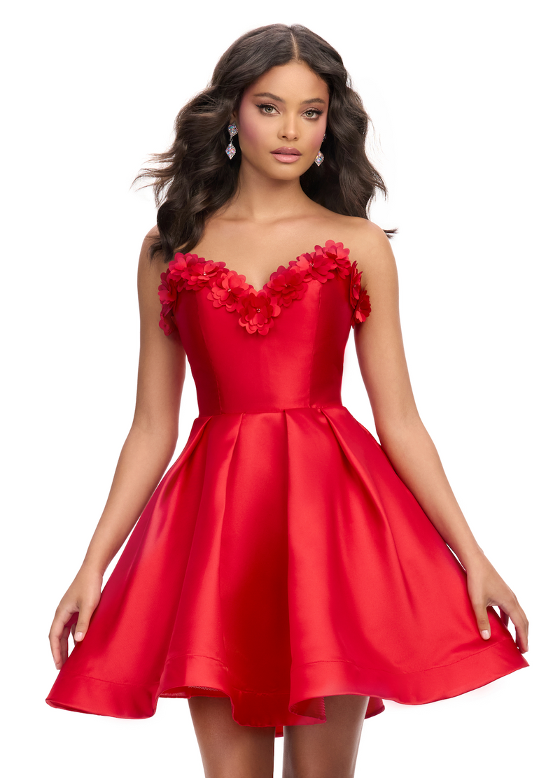 This cocktail dress features a stunning sweetheart neckline with 3D flower detailing and A-Line skirt, with mikado fabric. Style this dress to make it your own at your next homecoming or formal event.  Ashley Lauren 4782