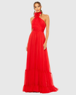This dress features chiffon fabric, a halter neckline with an open back, an organza flower detail on neck and a tiered skirt. This elegant gown could be ideal for your next prom or formal event.

Mac Duggal A68209