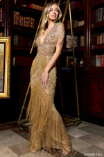 This show stopping beaded Sherri Hill gown features a deep V neckline with fringe around the skirt and sleeves. Pair with a pair of statement earrings for your next pageant or gala event.&nbsp;

Sherri Hill 54397