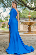 This dress features a one-shoulder neckline with a long sleeve and bead detailing along the shoulder, the cuff of the sleeve and the hemline of the slit. This dress has a flattering gathered drape waist, jersey fabric and a train. This dress is an excellent choice for your next prom, pageant or formal event.   ARY 28559