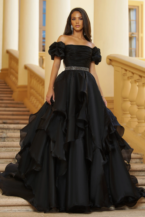The Taya dress is for the fashionista dreaming of a night on the town! Off the shoulder ruffle sleeves pair perfectly with a ruffle ballgown featuring a beaded waistline, perfect for getting your Cinderella on! You'll be feeling fab and dancing the night away!  ARY&nbsp;28571