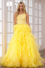 This gown features a one-shoulder neckline with a bodice embellished with sequins and crystal beading. The skirt has layered ruffle fabric which adds volume and playfulness. This gown may be ideal for your next prom or formal event.  ARY 28576