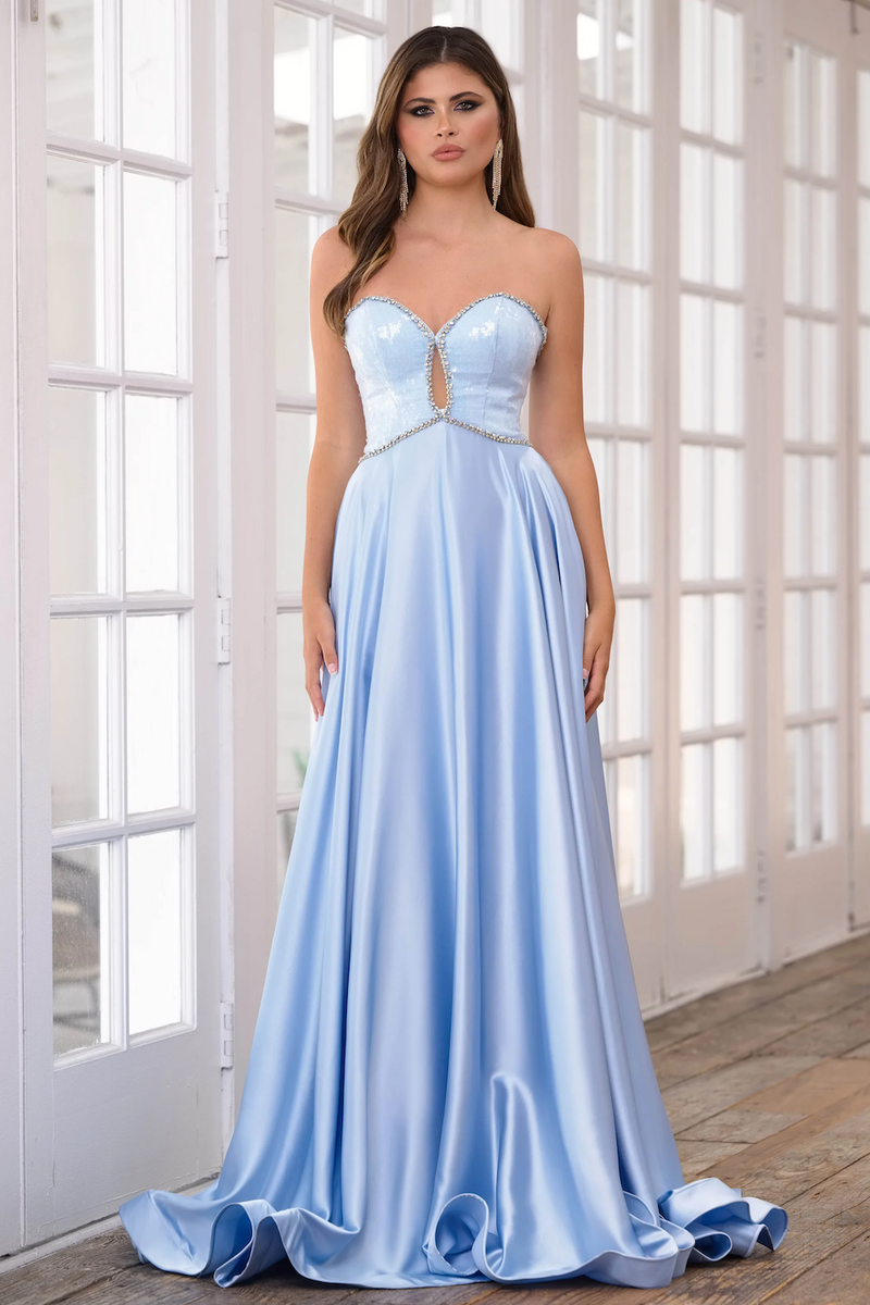 This dress features a strapless sweetheart neckline with a bodice embellished with sequins and crystals and a keyhole. The skirt of this dress is a satin charmeuse fabric with a slight train. This dress is classic with the perfect amount of details to make it unique. Could this stunning gown be your next prom dress?  ARY 39236