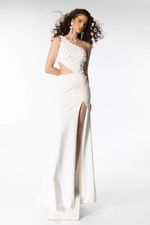 This gown features a one-shoulder neckline with a bodice embellished with large sequins. The silhouette is fitted with a slit in the skirt and a side cut-out on the waistline. This dress is unique and playful and could be perfect for your next prom or formal event.  ARY 39247