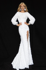 This dress features a fitted silhouette with large-format sequins. The high neckline pairs beautifully with the open back and long sleeves with bejeweled cuffs. The skirt slit and train make this dress a show-stopper, perfect for your next pageant or formal event!  ARY 39256
