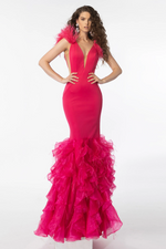 This unique dress features thick jersey fabric with a mermaid silhouette, feather detailing on shoulders, an illusion v-neckline, side illusion cut-outs, and a slight hem. Stun away at your next prom, pageant or formal event.   ARY 39312
